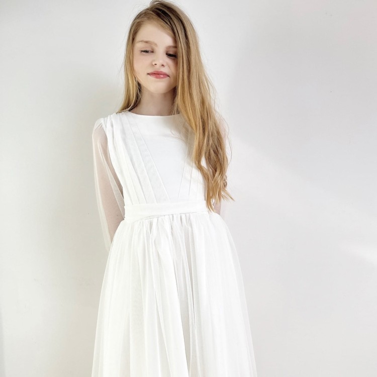 Sukienka tiulowa Lara z paskiem ecru