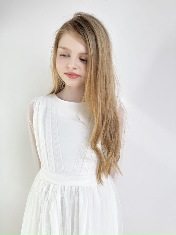 Sukienka tiulowa Lara z paskiem ecru