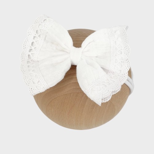 Opaska kokarda muslinowa z bawelniana koronka biała Sofia