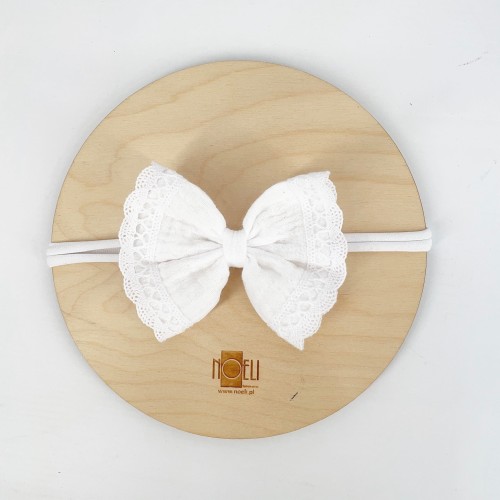 Opaska kokarda muslinowa z bawelniana koronka biała Sofia