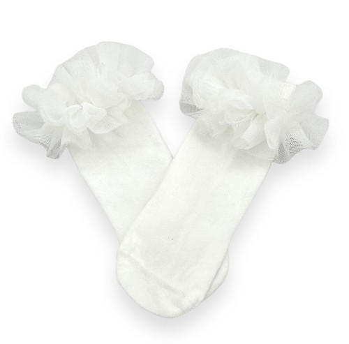 Podkolanowki  ecru z tiulową falbanką