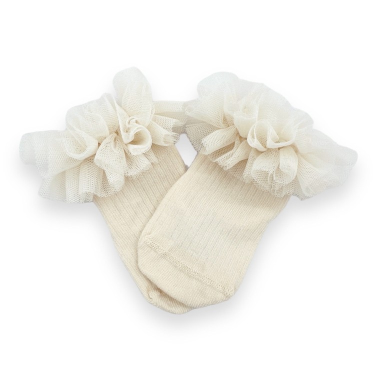 Skarpetki  beżowe z tiulową falbanką budyniowy