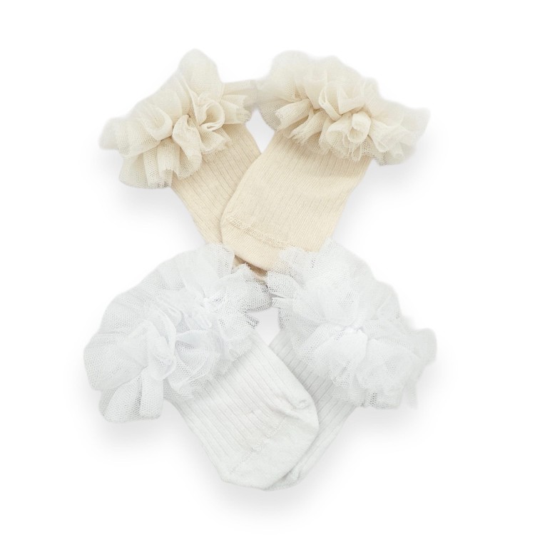 Skarpetki  beżowe z tiulową falbanką budyniowy