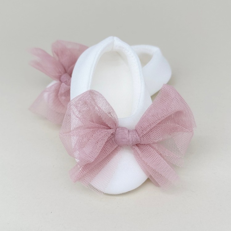 Buciki do chrztu niechodki balerinki z tiulową kokardą różową