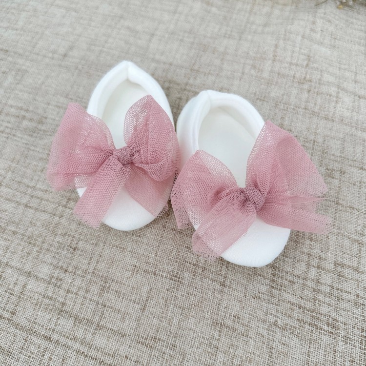 Buciki do chrztu niechodki balerinki z tiulową kokardą różową
