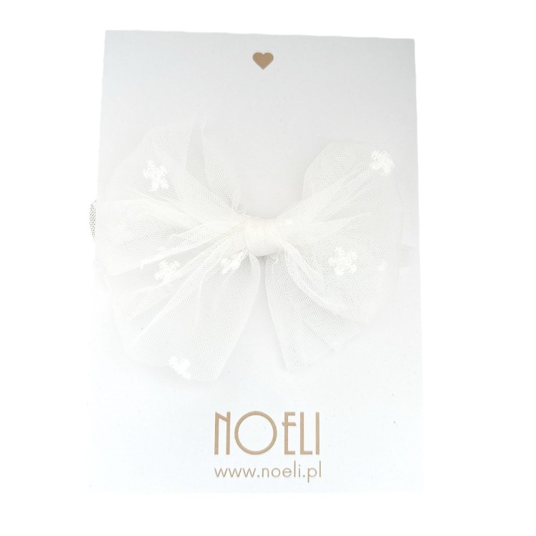 Spinka duża kokarda tiulowa ecru w kwiatuszki