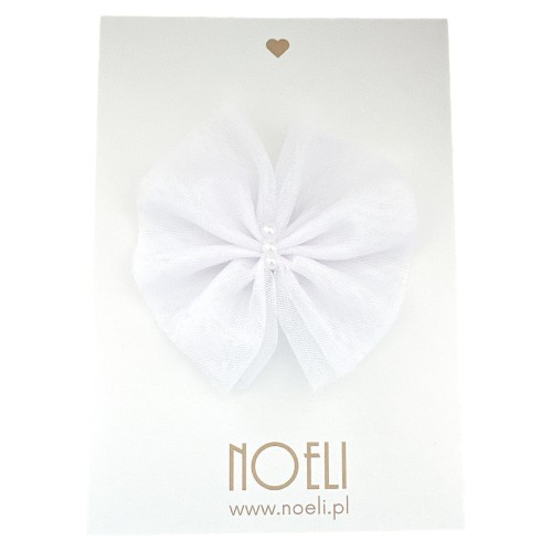 Spinka kokarda tiulowa z perełkami biała