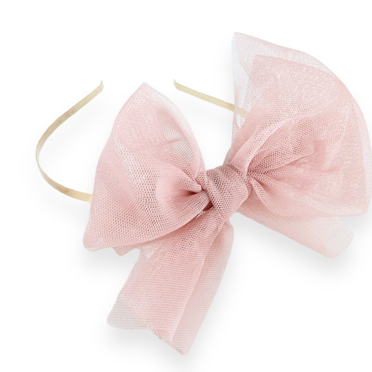 Opaska kokarda różowa z tiulu na złotej metalowej opasce