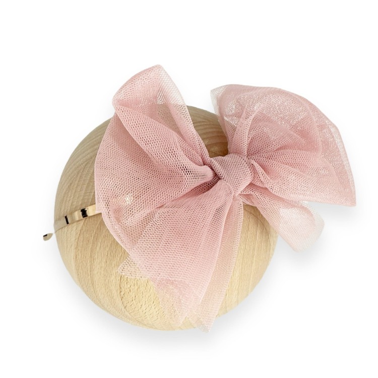 Opaska kokarda różowa z tiulu na złotej metalowej opasce