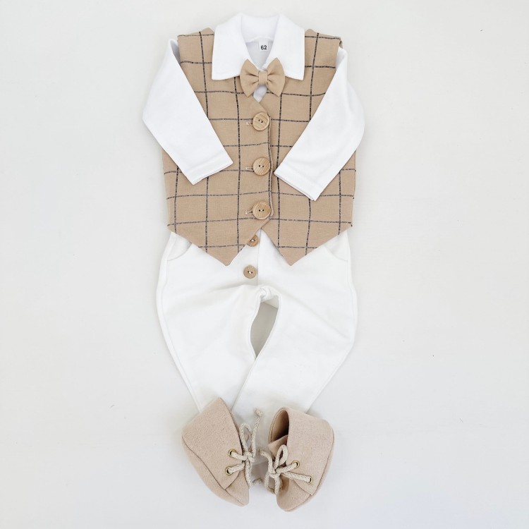 Kamizelka dla chłopca bezowa krata