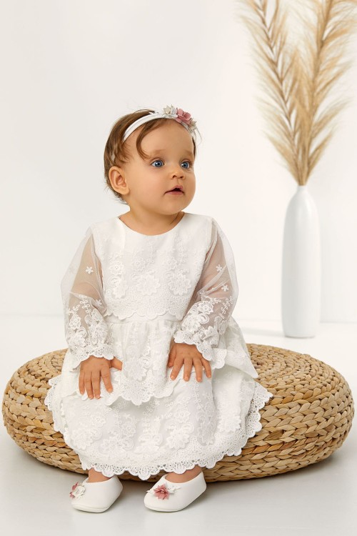 Sukienka  do chrztu Marlena ecru z koronką ecru
