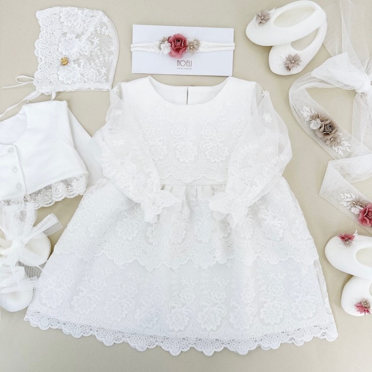 Sukienka  do chrztu Marlena ecru z koronką ecru