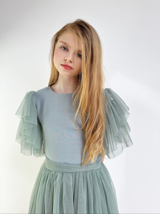 Sukienka tiulowa Diana  szałwiowa z paskiem