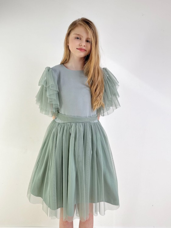 Sukienka tiulowa Diana  szałwiowa z paskiem