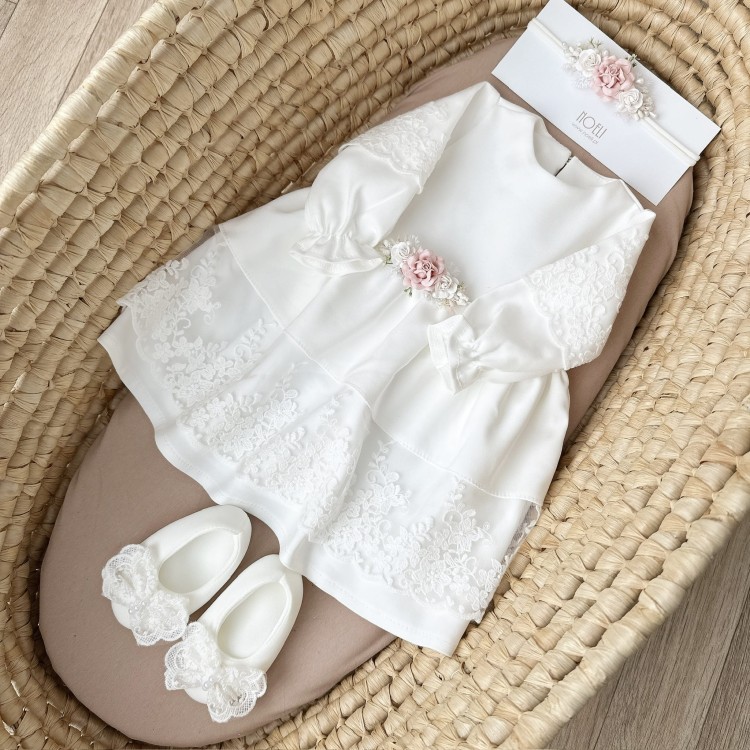 Buciki do chrztu, niechodki, balerinki z koronkową kokardą ecru i perełkami Molly