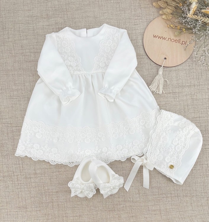 Buciki do chrztu, niechodki, balerinki z koronkową kokardą ecru i perełkami Molly